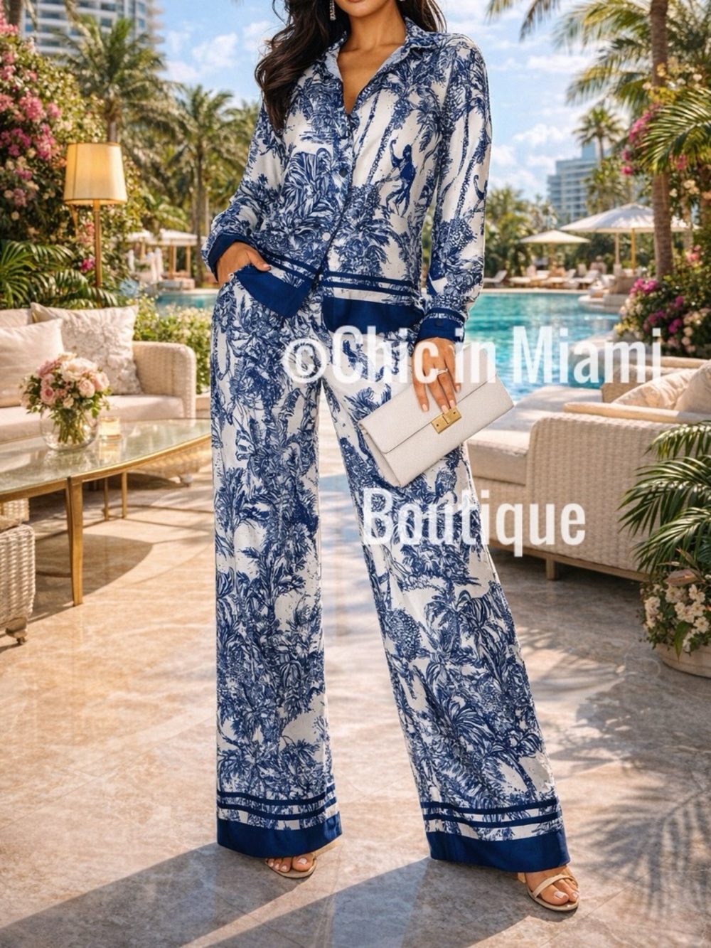 2-Piece Animal Print Italian Satin Button Down Shirt and Wide Leg Pants OS